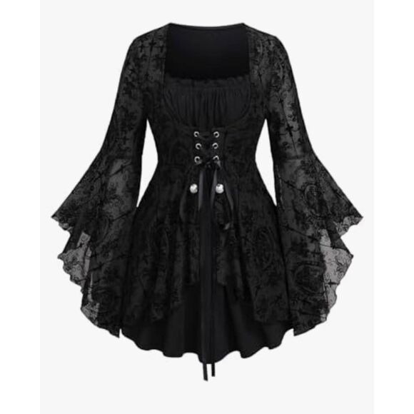 Rosegal Tops - Rosegal Plus Size Bell Sleeve Mesh Velour Whimsygoth Victorian Punk Goth Blouse